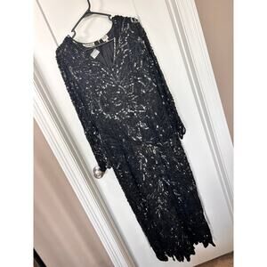 Vintage O.R. Silk Fashions LTD Sequin Covered Silk Dress Jagged Hem Black Medium